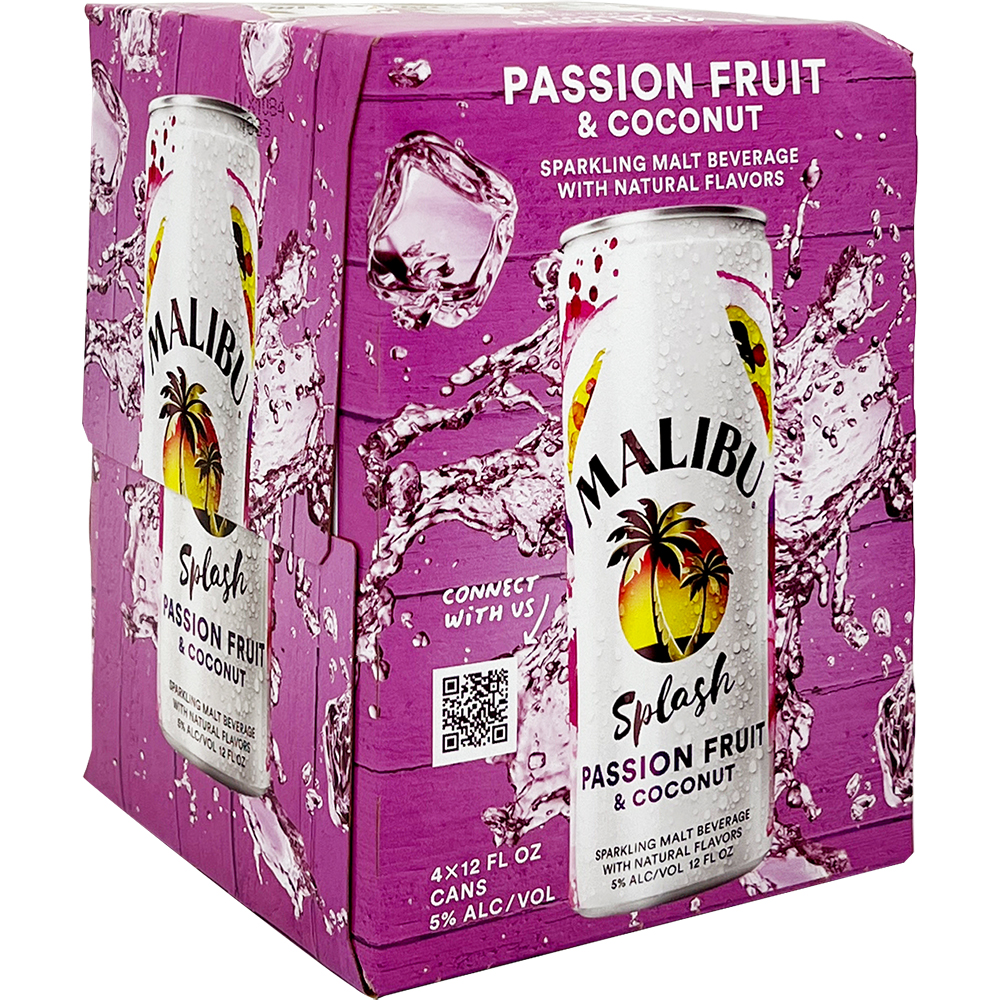 Malibu Splash Passion Fruit & Coconut 4 Pack 1.42oz Box Liquor Alcoholic Cocktails Drinkun.com